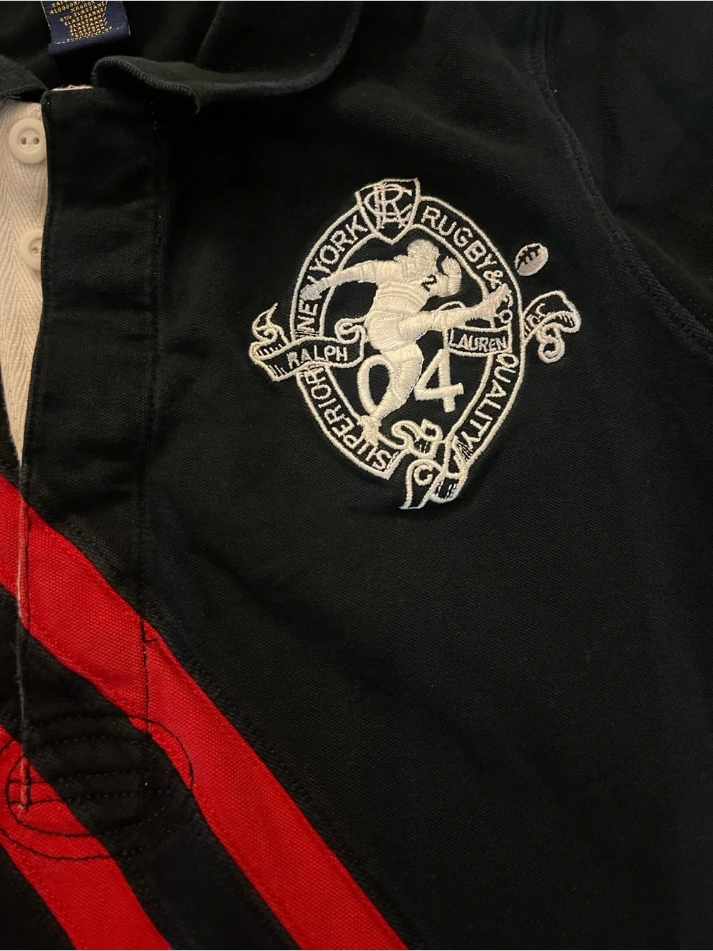Ralph Lauren Black Polo with Red Diagonal Stripes and Crest